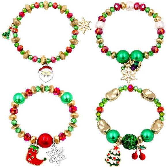 4 PCS Christmas Bracelet Set Santa Claus Snowflake Christmas Tree Beaded Stretch - Picture 2 of 8